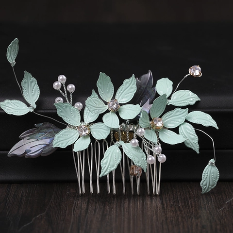 Handgemachte Minzgrün Blatt Blume Braut Haarkamm Mit Künstlicher Perle Strass Wald Stil Hochzeit Kopfschmuck Für Damen