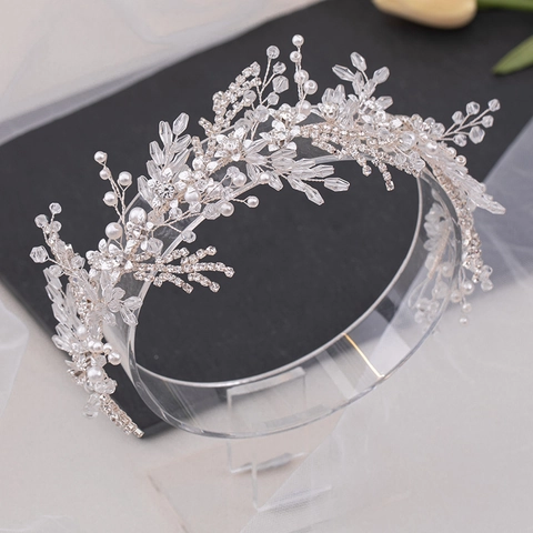 Handgefertigt Legierung Strass Künstliche Perle Braut Stirnband Vintage Blume Blatt Haarband Hochzeit Haarschmuck Silber