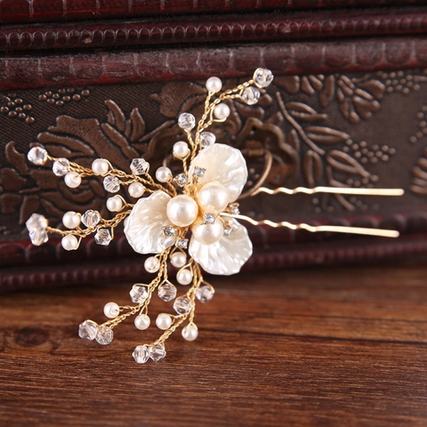 Palillo para el Pelo Novia Flor Hecho a Mano Perla Artificial Strass para Mujer Boda Fiesta Elegante Aleación Forma de U