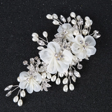 Pinza para el Cabello de Novia Hecha a Mano Elegante Flor de Gasa Blanca Con Perlas Artificiales y Strass Boda