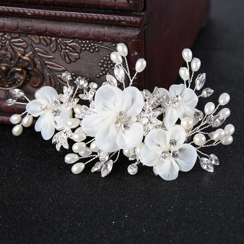 Pinza para el Cabello de Novia Hecha a Mano Elegante Flor de Gasa Blanca Con Perlas Artificiales y Strass Boda