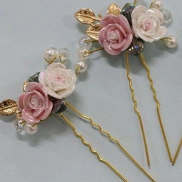 Handgefertigte Keramik Blume Braut Haarnadeln Gold Legierung Strass Künstliche Perle Hochzeit Haarschmuck Für Damen