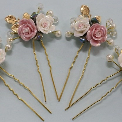 Handgefertigte Keramik Blume Braut Haarnadeln Gold Legierung Strass Künstliche Perle Hochzeit Haarschmuck Für Damen