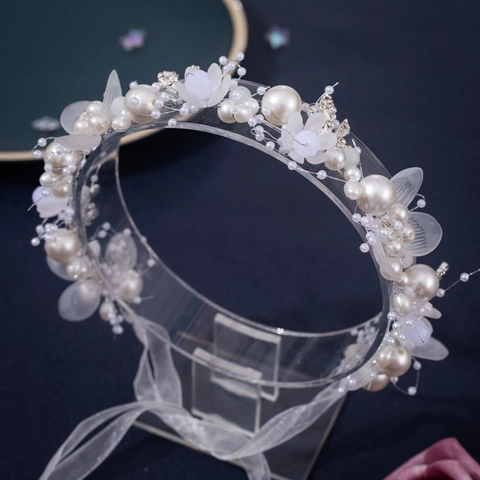 Fascia per Capelli da Sposa Fatta a Mano Stile Coreano con Perle Artificiali e Fiori Foglia d'Oro Intrecciata Accessori per Capelli Matrimonio Donna