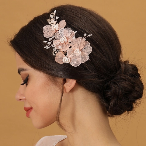 Fascia per Capelli da Sposa a Fiori Fatta a Mano Perla Artificiale Lega Foglia Copricapo da Sposa per Donna Eleganti Accessori per Capelli