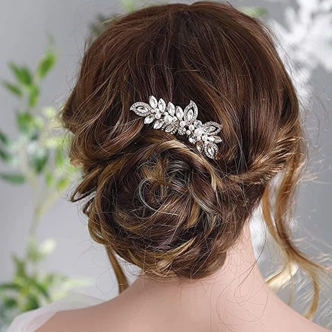 Bridal Rhinestone Artificial Pearl Hair Clip Comb Alloy Leaf Floral Wedding Hair Accessories For Women Party Elegant Headpiece Jewelry