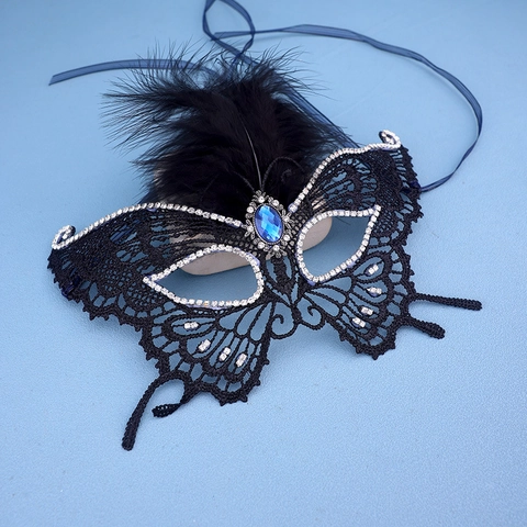 Maschera da Ballo in Maschera in Pizzo Nero Gotico E Collana di Piume per Donna Costume Vintage Farfalla Strass Halloween