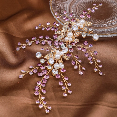 Handmade Gold Leaf Bridal Headband Elegant Artificial Pearl Rhinestone Hair Band For Women Wedding Party Hair Accessories