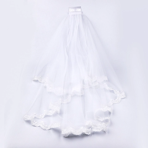 Double Layer White Bridal Veil With Lace Edge Polyester Mesh Tulle And Hair Comb Elegant Wedding Party Women Accessory
