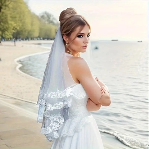 Double Layer White Bridal Veil With Lace Edge Polyester Mesh Tulle And Hair Comb Elegant Wedding Party Women Accessory