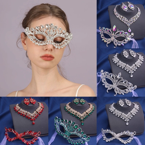Ensemble de Bijoux de Mariée Luxueux en Alliage de Strass Collier Boucles d'Oreilles Masque Papillon pour Femme Mariage Fête