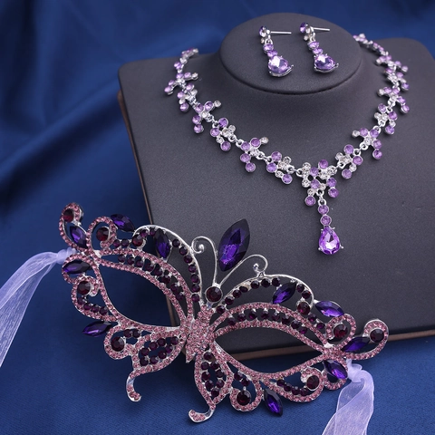 Ensemble de Bijoux de Mariée Luxueux en Alliage de Strass Collier Boucles d'Oreilles Masque Papillon pour Femme Mariage Fête