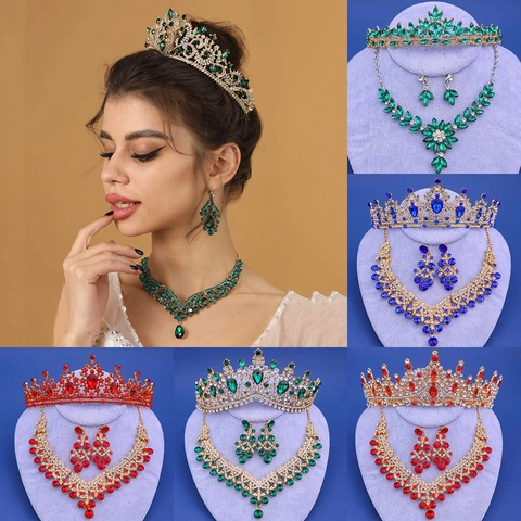 Parure de Bijoux de Mariage de Luxe en Alliage de Strass Avec Diadème Collier Boucles d'Oreilles Pour Mariage Fête