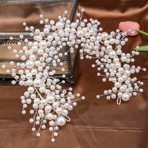 Enredadera de Pelo de Novia Hecha a Mano con Perla Artificial Diamantes de Imitación Diadema Tejida Accesorios de Pelo de Boda Mujer