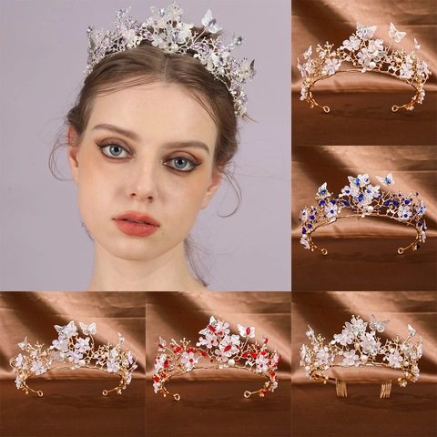 Couronne de Mariée en Alliage Fait à la Main Papillon Fleur Tiara Élégant Serre-tête Perle Artificielle pour Mariage Fête Femme Bijoux