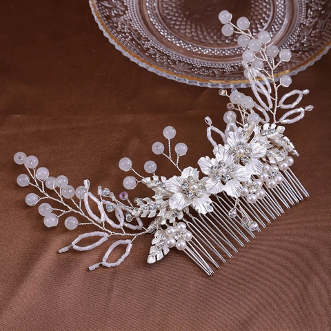 Elegante Pettine per Capelli da Sposa in Argento Con Perla Artificiale Strass Fiore Foglia Copricapo da Sposa per Donna Accessori