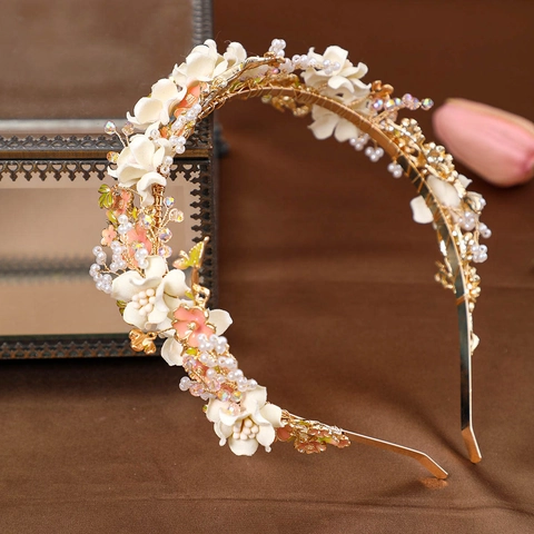 Serre-Tête Floral Fait Main Pour Femmes Alliage Élégant Perle Artificielle Strass Accessoire Cheveux Pour Mariage Bijoux