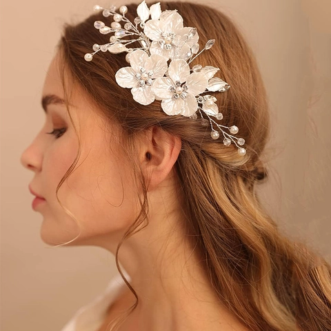 Fermaglio per Capelli da Sposa con Fiore Bianco Fatto a Mano con Perla Artificiale Strass Filo Argentato Matrimonio Donna