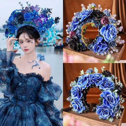 Gothic Simulation Rose Flower Headband For Women Vintage Blue Black Floral Headpiece For Halloween Party Photography Accessory