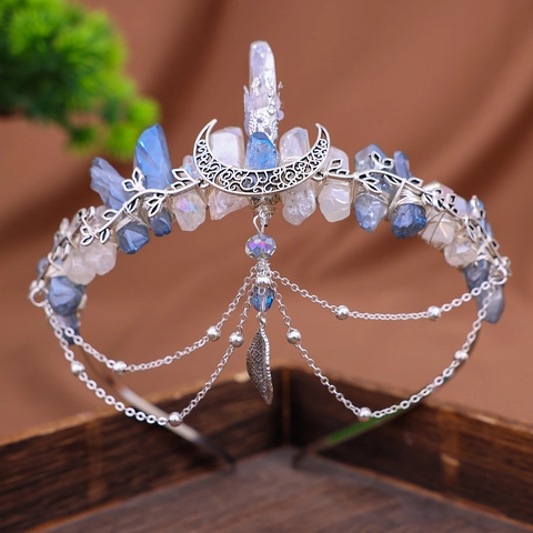Corona de Novia de Piedra Natural Vintage Tiara de Luna y Hoja Hecha a Mano Estilo Bosque Accesorio para Boda Fiesta Mujer