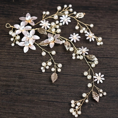 Handmade Gold Leaf Flower Bridal Hair Vine With Faux Artificial Pearls Rhinestones Elegant Wedding Headpiece For Women Hair Accessories