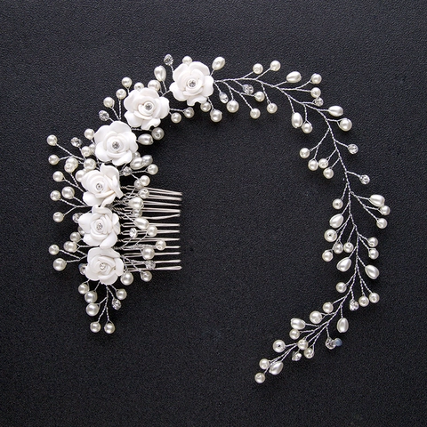 Pettine per Capelli da Sposa Fatto a Mano Fiore in Resina Bianca Perla Artificial Imitazione Strass Filo d'Argento Vigna Capelli Donna
