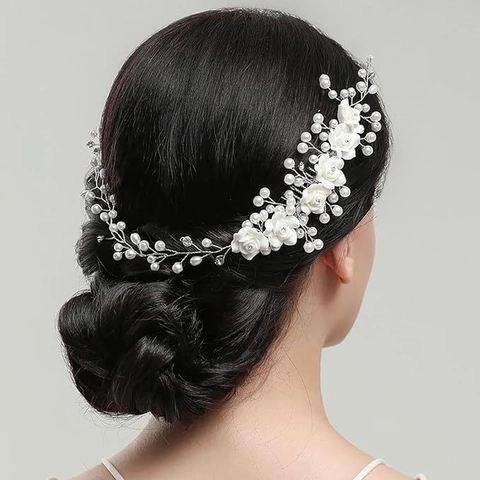 Pettine per Capelli da Sposa Fatto a Mano Fiore in Resina Bianca Perla Artificial Imitazione Strass Filo d'Argento Vigna Capelli Donna