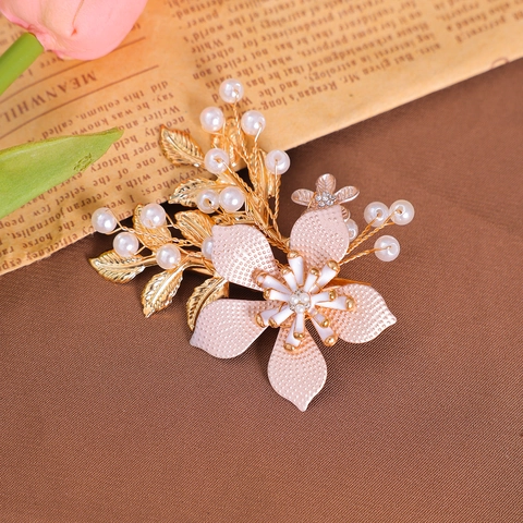 Handgefertigte Blumen Haarspange Für Damen Gold Legierung Künstliche Perlen Strass Braut Hochzeit Haarschmuck Seitenclip