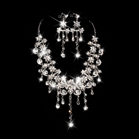 Elegant Alloy Rhinestone Necklace And Earrings Bridal Floral Jewelry Set For Wedding Banquet Party Women Accessory