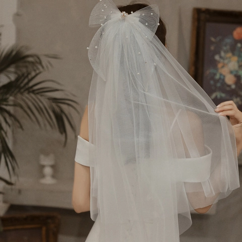 Bridal Mesh Wedding Veil With Artificial Pearl Bowknot Satin Ribbon Short Double Layer Headwear Hair Accessory For Women