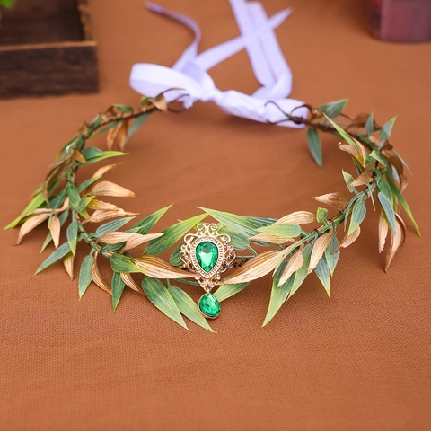 Forest Elf Leaf Crown Headband Vintage Gold Green Rhinestone Pendant Hairband For Women Cosplay Party Wedding Accessories