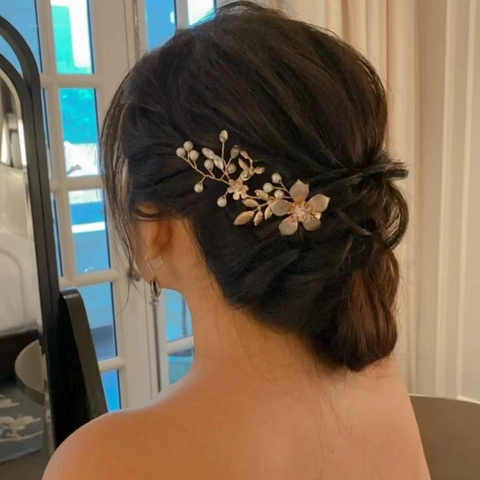 Handgefertigte Blumen Haarspange Für Damen Gold Legierung Künstliche Perlen Strass Braut Hochzeit Haarschmuck Seitenclip