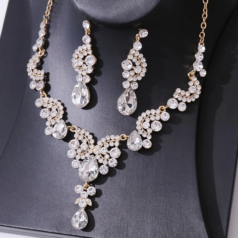Luxus Metall Strass Wassertropfen Halskette Ohrringe Schmuckset Glänzendes Choker Kette Für Hochzeit Party Abschlussball Kleid Accessoires Damen