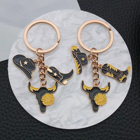 Western Cowboy Style Keychain Zinc Alloy Enamel Drip Oil Hat Boots Bull Head Sunflower Pendant Bag Hanging Jewelry