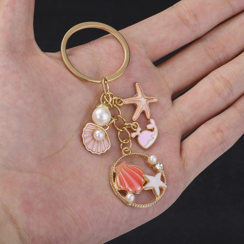 Llavero de Aleación de Zinc Tema Océano Colgante Estrella de Mar Ballena Concha Esmalte Con Perla Artificial Diamante de Imitación