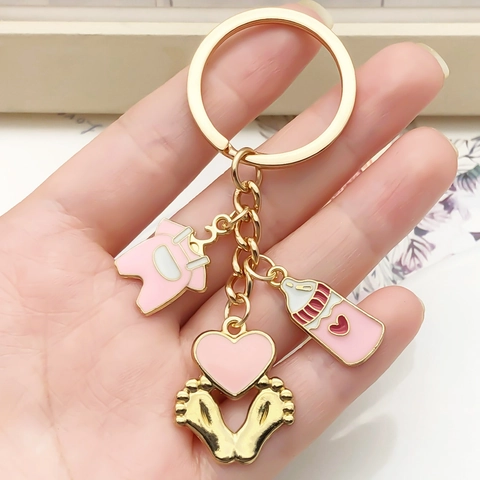 Simpatico Portachiavi Regalo per Baby Shower Smalto Rosa Blu Biberon Vestiti Impronte Pendente in Lega di Zinco Zaino Ornamento