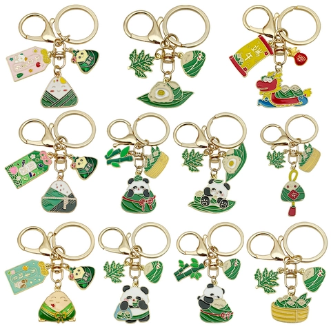 Cartoon Dragon Boat Festival Zongzi Panda Metal Keychain Zinc Alloy Enamel Key Ring Lucky Charm Bag Pendant Festive Gift