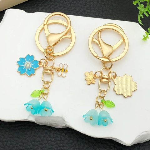 Cherry Blossom Lily Of The Valley Bee Keychain Gold Zinc Alloy Enamel Flower Bag Charm Pendant Gift For Women Girls Jewelry