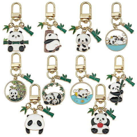 Süßer Cartoon Panda Bambus Schlüsselanhänger Zinklegierung Emaille Taschenanhänger Für Autoschlüssel Chinesischer Stil Tier Schmuck Geschenk