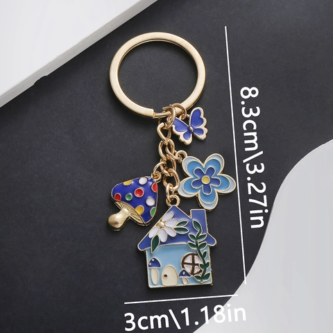 Niedlicher Emaille Pilzhaus Schmetterling Blumen Schlüsselanhänger Kreative Zinklegierung Cartoon Tasche Anhänger Für Damen Geschenk