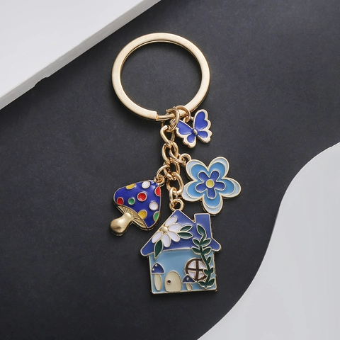 Süßer Emaille Pilzhaus Schmetterling Schlüsselanhänger Zinklegierung Blumenanhänger Schlüsselring Für Damen Tasche Anhänger Geschenk