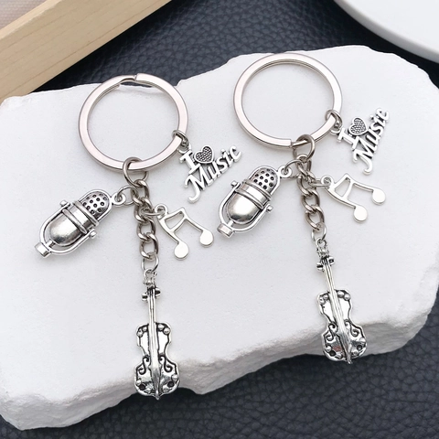 Altsilber Musik Schlüsselanhänger Violine Mikrofon Musiknote Herzanhänger Musikliebhaber Zinklegierung Schmuck Geschenk