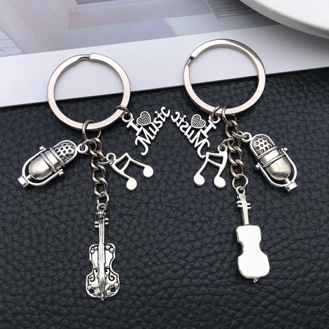 Altsilber Musik Schlüsselanhänger Violine Mikrofon Musiknote Herzanhänger Musikliebhaber Zinklegierung Schmuck Geschenk