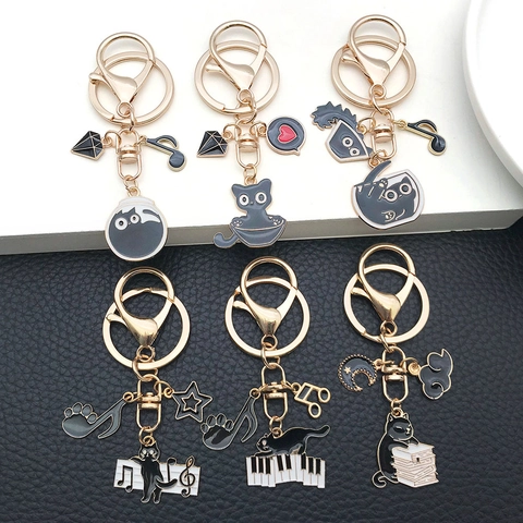 Schattige Cartoon Zwarte Kat Emaille Sleutelhanger Zinklegering Muzieknoot Piano Hart Ster Maan Tas Hanger Sieraden Vrouwen