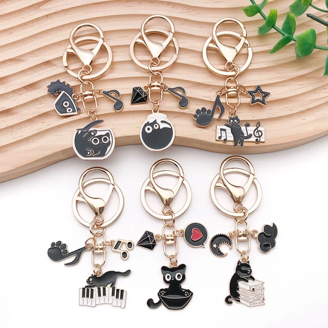 Schattige Cartoon Zwarte Kat Emaille Sleutelhanger Zinklegering Muzieknoot Piano Hart Ster Maan Tas Hanger Sieraden Vrouwen
