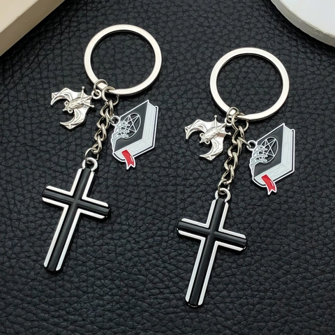 Gothic Vintage Zinklegering Sleutelhanger Zwart Emaille Kruis Vleermuis Magisch Boek Hangers Punk Tas Bedeltje Halloween Ornament