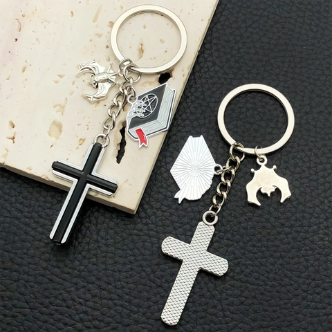 Gothic Vintage Zinklegering Sleutelhanger Zwart Emaille Kruis Vleermuis Magisch Boek Hangers Punk Tas Bedeltje Halloween Ornament
