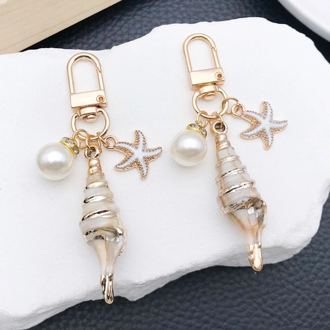 Acrylic Ocean Conch Starfish Keychain With Artificial Pearl Rhinestone U-Shape Buckle Nautical Bag Pendant For Women