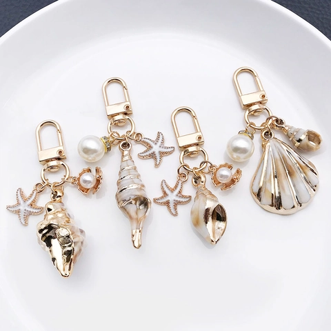 Ocean Theme Acrylic Conch Starfish Keychain With Faux Artificial Pearl Alloy Gold U-Shape Buckle For Bag Charm Women Jewelry Gift