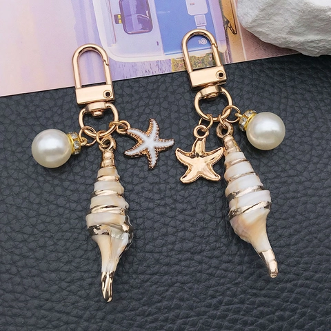 Acrylic Ocean Conch Starfish Keychain With Artificial Pearl Rhinestone U-Shape Buckle Nautical Bag Pendant For Women
